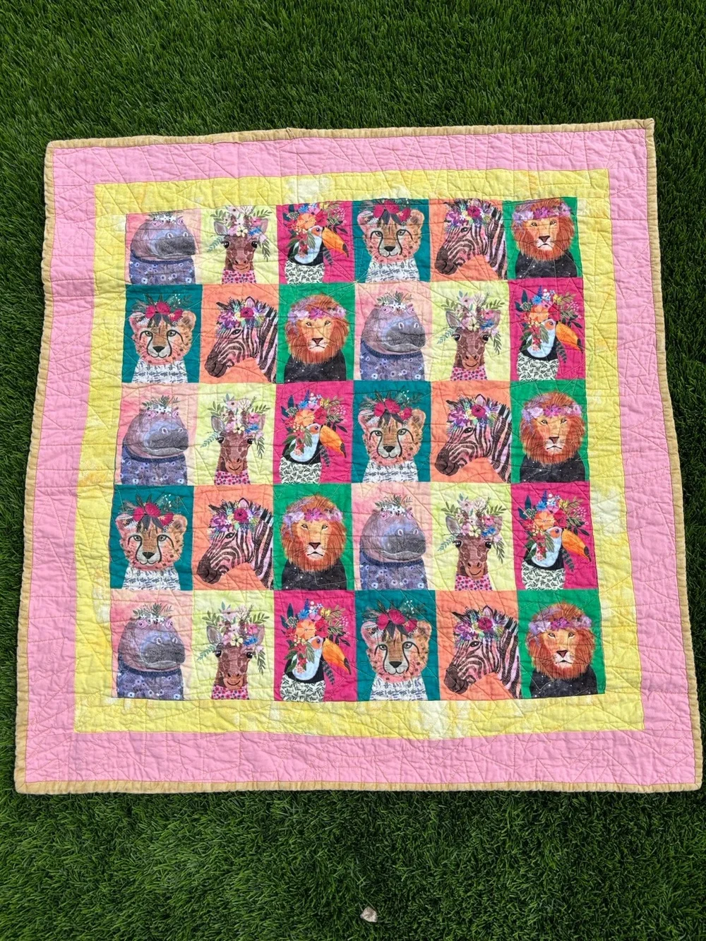Colorful Animal Patchwork Baby Quilt - Pink, Yellow, Green 34x34
